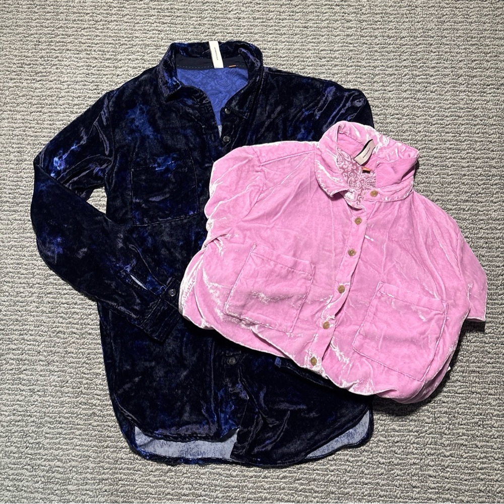 Lot Of 2 Pilcro Anthropologie Hadley Velvet Button Up Size 4 Pink And Blue